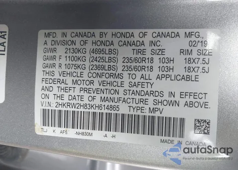 2019 Honda Cr-V Ex-L z USA, uszkodzony, nr VIN 2HKRW2H83KH614865